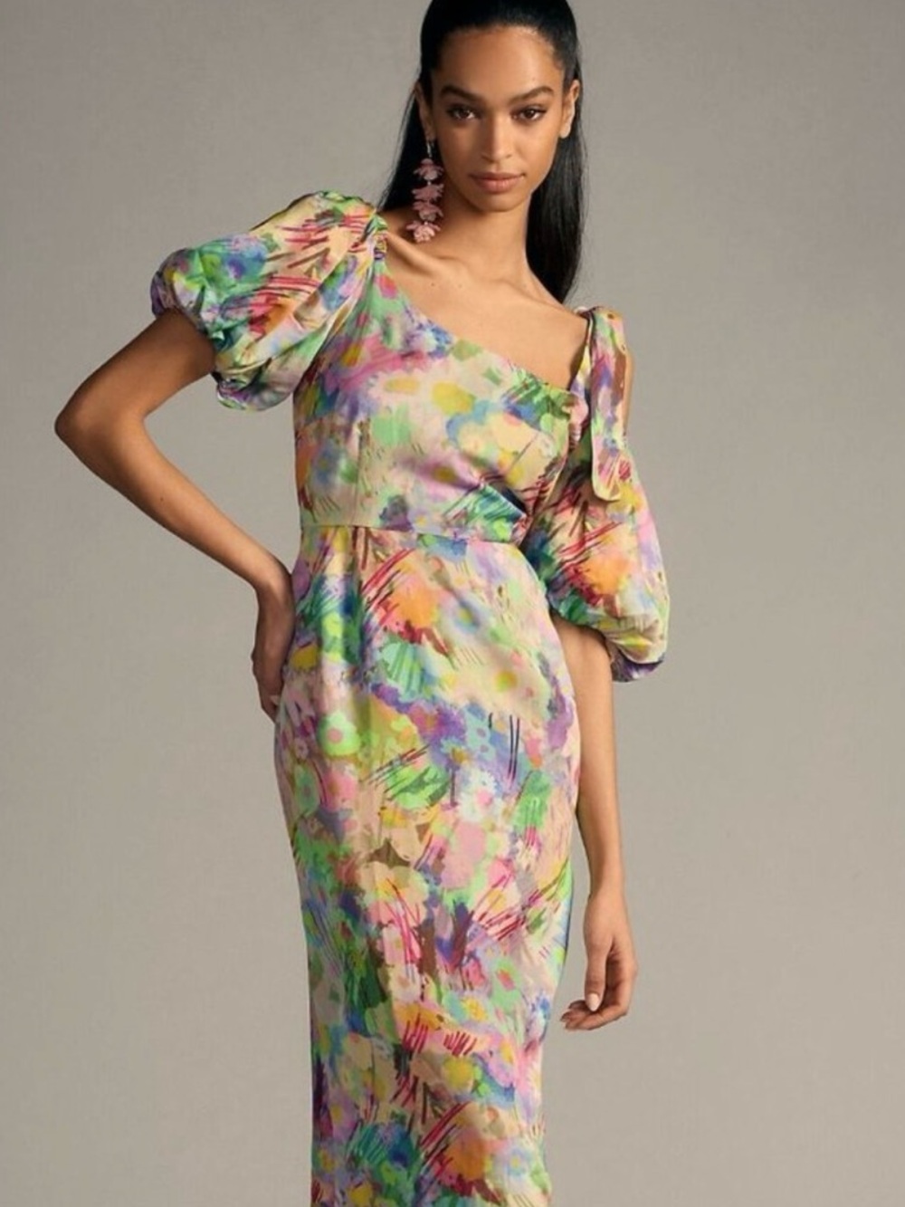 Anthropologie Plenty Tracy Reese Puff-Sleeve Dress L Floral Midi Sheath